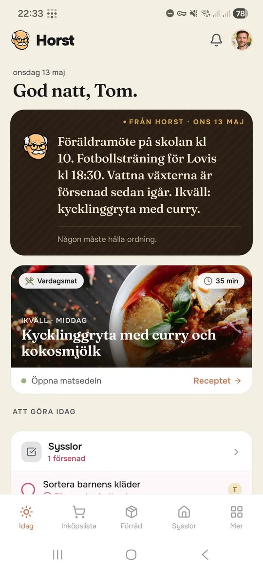Idag-vyn i Horst-appen med AI-briefing