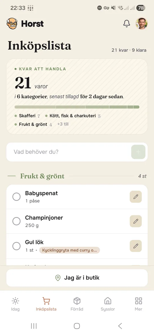 Inköpslistan i Horst-appen